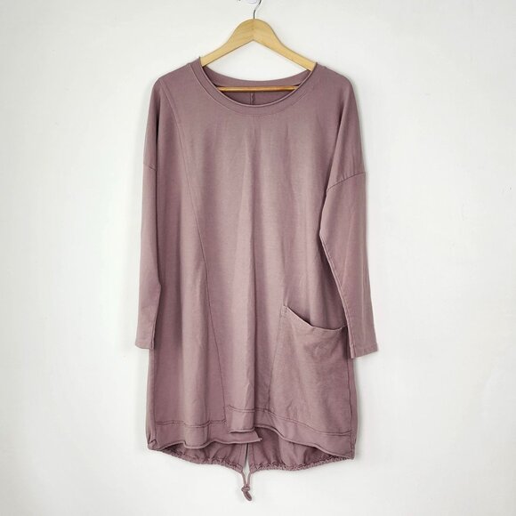 Lagenlook Mauve Long Sleeve Tunic Dress Big Pocket & Drawstring Sinch Hem Artsy - Picture 2 of 10